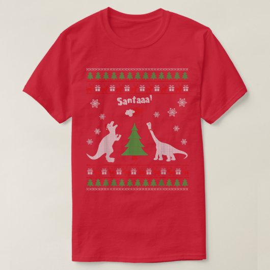 恐竜おもしろいとサンタの醜いクリスマスセーターT Tシャツ (デザイン正面)