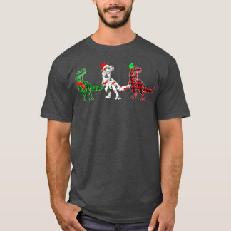 恐竜おもしろいのクリスマスツリーライトレッドプレイドTレックス Tシャツ