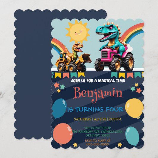 恐竜おもしろいのレインボー・トラック・バルーン誕生日少年 サンキューカード (正面/裏面)