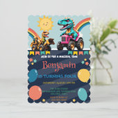 恐竜おもしろいのレインボー・トラック・バルーン誕生日少年 サンキューカード (スタンド正面)