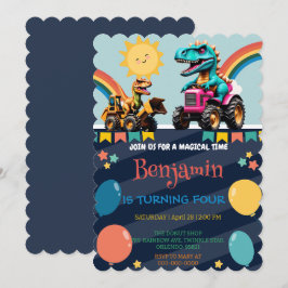 恐竜おもしろいのレインボー・トラック・バルーン誕生日少年 サンキューカード