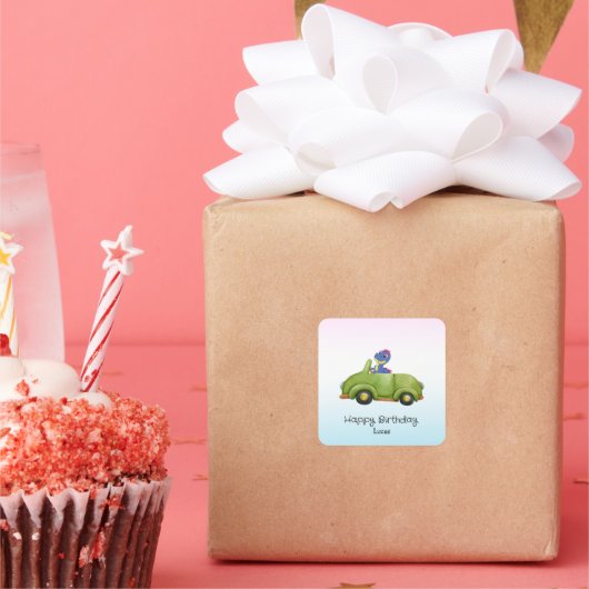 恐竜おもしろいアンティーク車の誕生日スクールボーイ スクエアシール (パーティー)