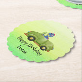 恐竜おもしろいアンティーク車の誕生日スクールボーイ ペーパーコースター (アングル)