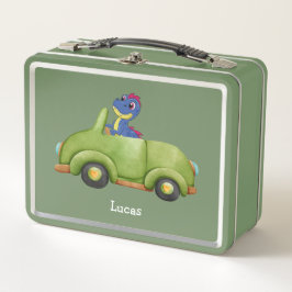 恐竜おもしろいアンティーク車の誕生日スクールボーイ メタルランチボックス