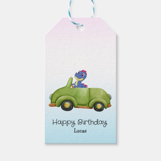 恐竜おもしろいアンティーク車B2S子供の誕生日パーティー ギフトタグ (正面)