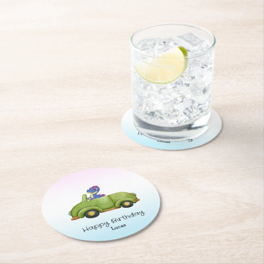 恐竜おもしろいアンティーク車B2S子供の誕生日パーティー ラウンドペーパーコースター (インサイチュ)