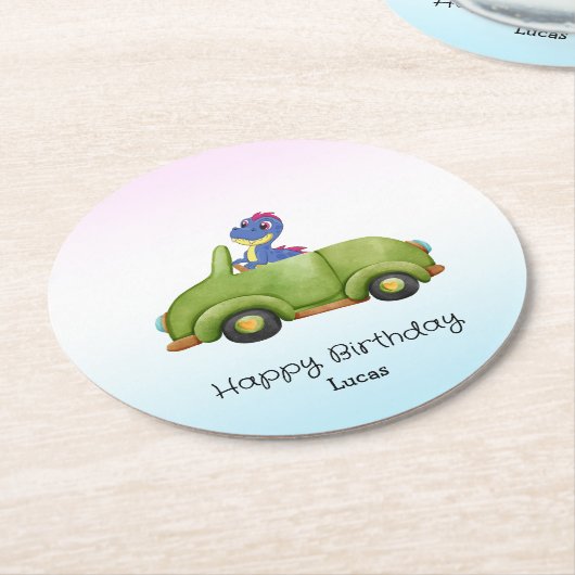 恐竜おもしろいアンティーク車B2S子供の誕生日パーティー ラウンドペーパーコースター (アングル)