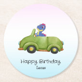 恐竜おもしろいアンティーク車B2S子供の誕生日パーティー ラウンドペーパーコースター (正面)