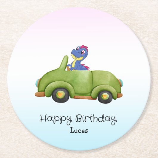 恐竜おもしろいアンティーク車B2S子供の誕生日パーティー ラウンドペーパーコースター (正面)