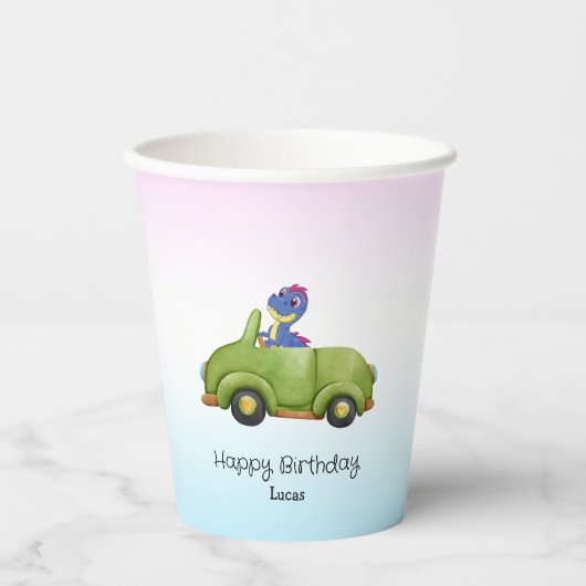 恐竜おもしろいアンティーク車B2S子供の誕生日パーティー 紙コップ (正面)
