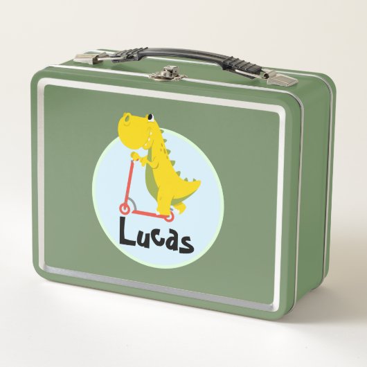 恐竜おもしろいスクーター玩具新学期少年の子供 メタルランチボックス (正面)