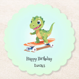 恐竜おもしろいスケートボード誕生日パーティーの少年 ペーパーコースター