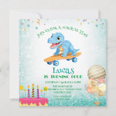 恐竜おもしろいスケートボード誕生日パーティーの少年 招待状 (正面)