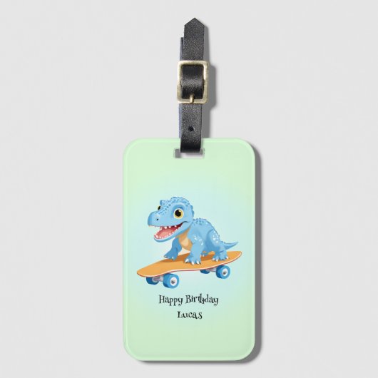 恐竜おもしろいスケートボード誕生日パーティーDIY名 ラゲッジタグ (正面縦)