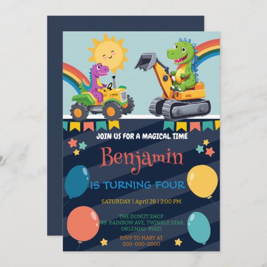 恐竜おもしろいトラクターのバルーンボーイ新学期 (正面/裏面)