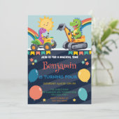 恐竜おもしろいトラクターのバルーンボーイ新学期 招待状 (スタンド正面)