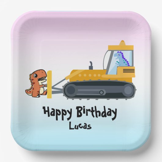 恐竜おもしろいトラクター少年新学期誕生日 ペーパープレート (正面)