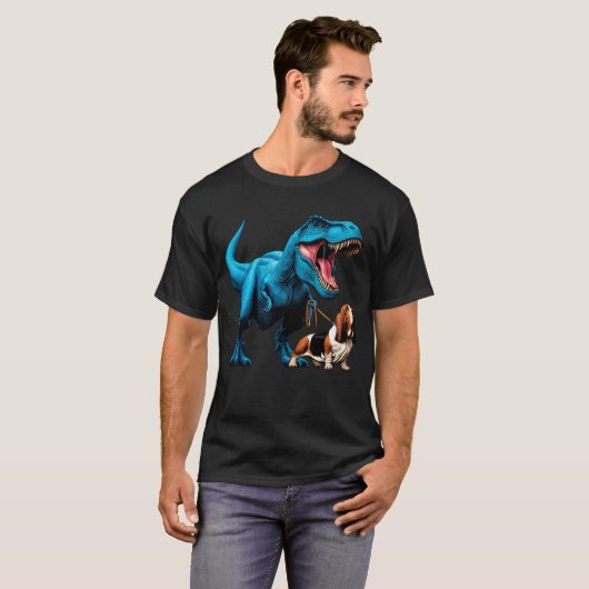 恐竜おもしろいバセットハウンド歩くドッグ恋人 Tシャツ (正面フル)