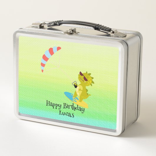 恐竜おもしろいパラグライダーのボード学校のパーティー子供 メタルランチボックス (正面)