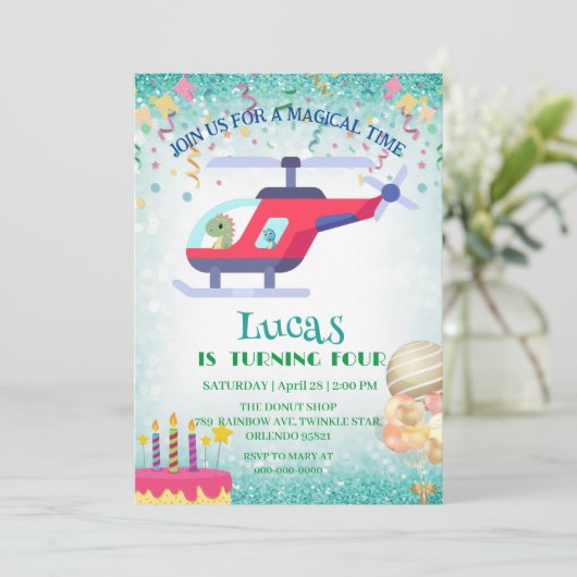 恐竜おもしろいヘリコプター誕生日パーティーDIY名 シーズンカード (スタンド正面)