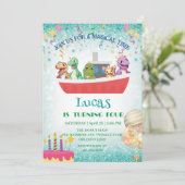 恐竜おもしろいヨット誕生日パーティーDIY名 招待状 (スタンド正面)