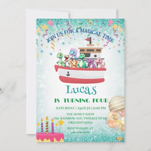 恐竜おもしろいヨット誕生日パーティーDIY名 招待状 (正面)