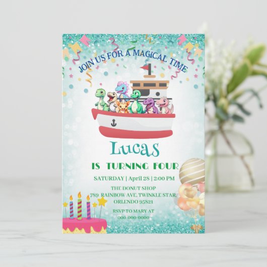 恐竜おもしろいヨット誕生日パーティーDIY名 招待状 (スタンド正面)