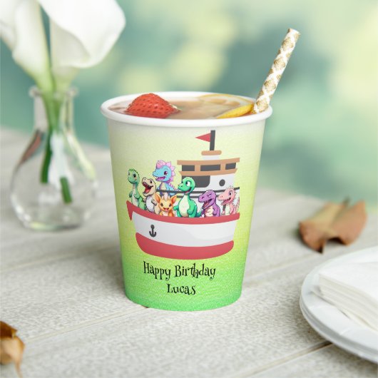 恐竜おもしろいヨット誕生日パーティーDIY名 紙コップ (インサイチュ)