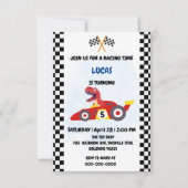 恐竜おもしろいレース車の少年子供の誕生日パーティー サンキューカード (正面)