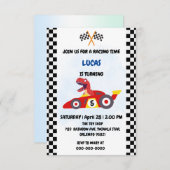 恐竜おもしろいレース車の少年子供の誕生日パーティー サンキューカード (正面/裏面)