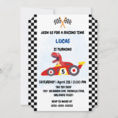 恐竜おもしろいレース車の少年子供の誕生日パーティー シーズンカード (正面)