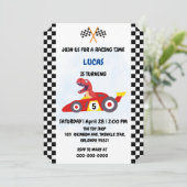 恐竜おもしろいレース車の少年子供の誕生日パーティー シーズンカード (スタンド正面)