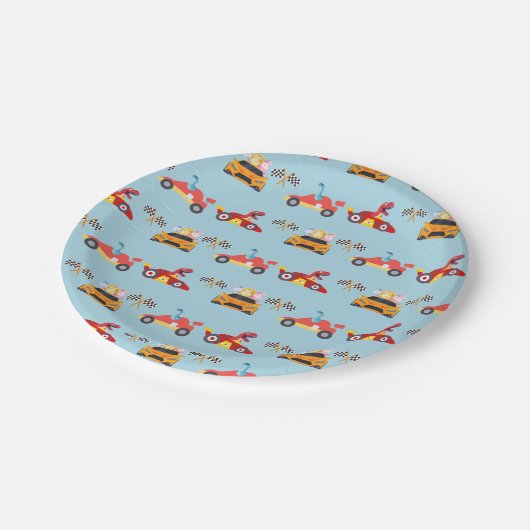 恐竜おもしろいレース車の少年子供の誕生日パーティー ペーパープレート (アングル)
