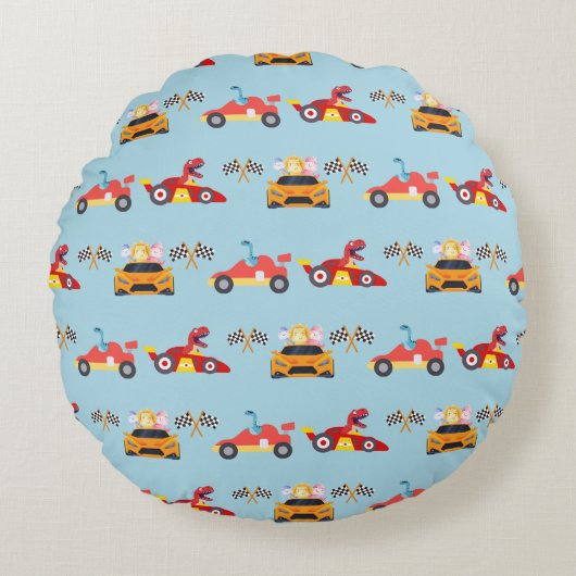 恐竜おもしろいレース車の少年子供の誕生日パーティー ラウンドクッション (正面)