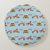 恐竜おもしろいレース車の少年子供の誕生日パーティー ラウンドクッション (裏面)