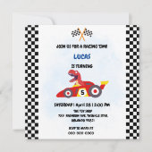 恐竜おもしろいレース車の少年子供の誕生日パーティー 招待状 (正面)