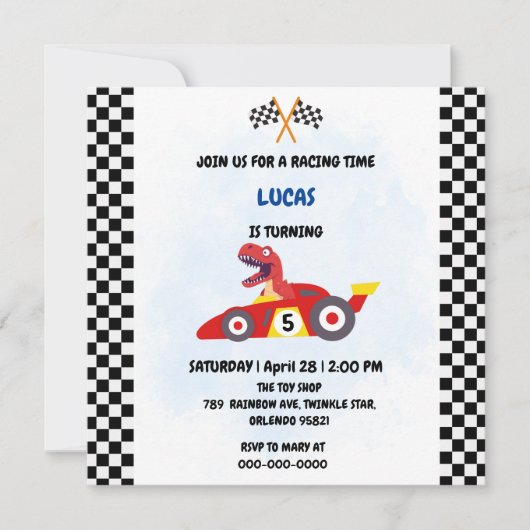 恐竜おもしろいレース車の少年子供の誕生日パーティー 招待状 (正面)
