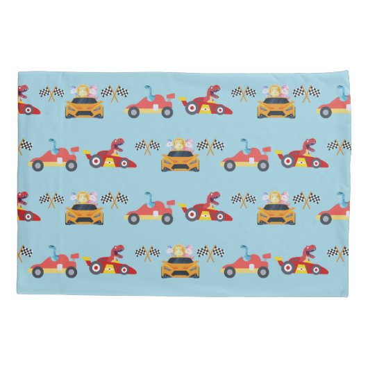 恐竜おもしろいレース車の少年子供の誕生日パーティー 枕カバー (裏面)