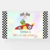 恐竜おもしろいレース車の少年子供の誕生日パーティー 横断幕 (横)
