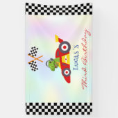 恐竜おもしろいレース車の少年子供の誕生日パーティー 横断幕 (縦)