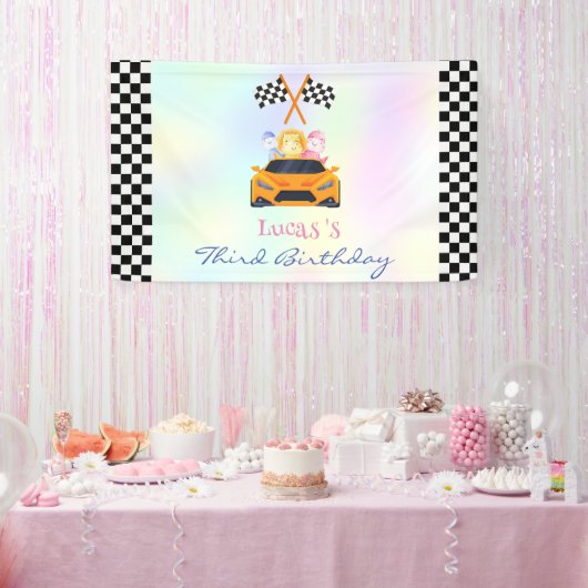 恐竜おもしろいレース車の少年子供の誕生日パーティー 横断幕 (パーティー)