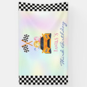 恐竜おもしろいレース車の少年子供の誕生日パーティー 横断幕 (縦)