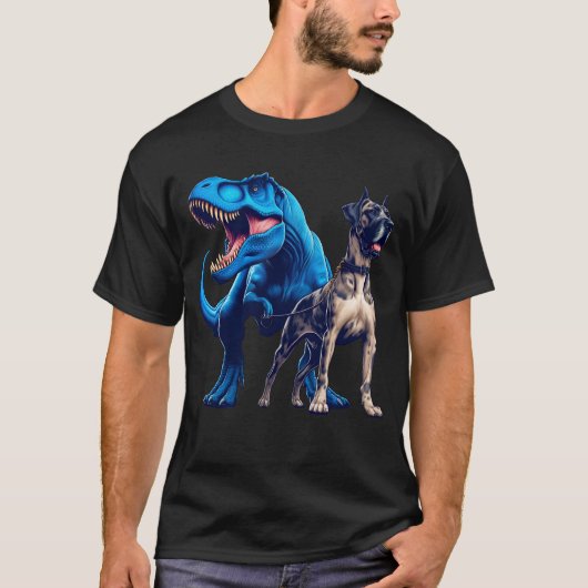 恐竜おもしろい大デーン歩く犬愛好家 Tシャツ (正面)