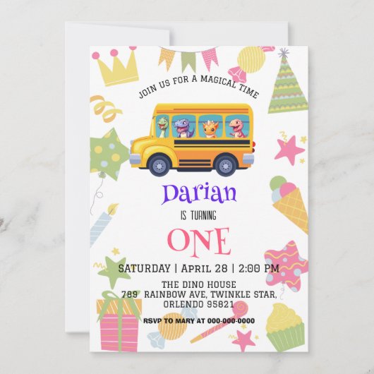 恐竜おもしろい新学期バスケーキ誕生日 セーブザデート (正面)