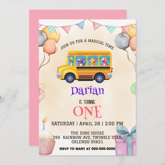 恐竜おもしろい新学期バスケーキ誕生日 セーブザデート (正面/裏面)