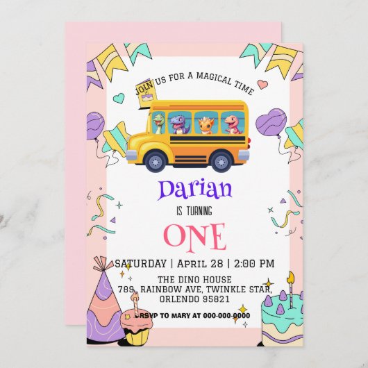 恐竜おもしろい新学期バスケーキ誕生日 セーブザデート (正面/裏面)