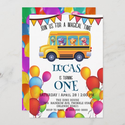 恐竜おもしろい新学期バスボーイ誕生日 セーブザデート (正面/裏面)