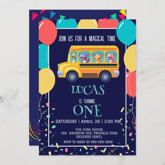 恐竜おもしろい新学期バスボーイ誕生日 セーブザデート (正面/裏面)