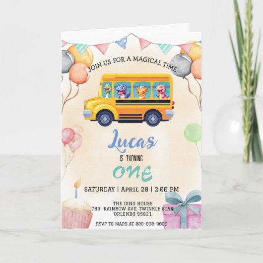 恐竜おもしろい新学期バスボーイ誕生日 招待状 (正面)