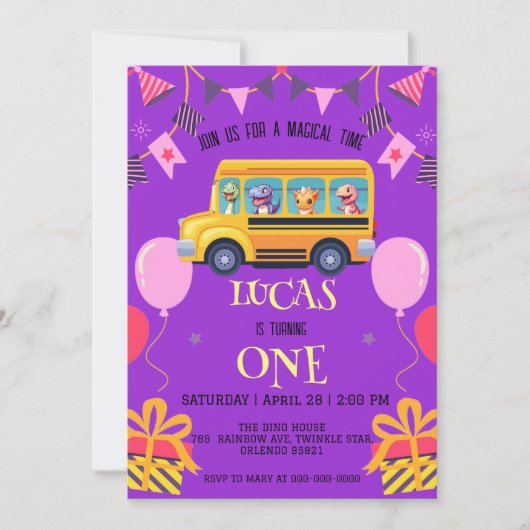 恐竜おもしろい新学期バス少年誕生日 セーブザデート (正面)